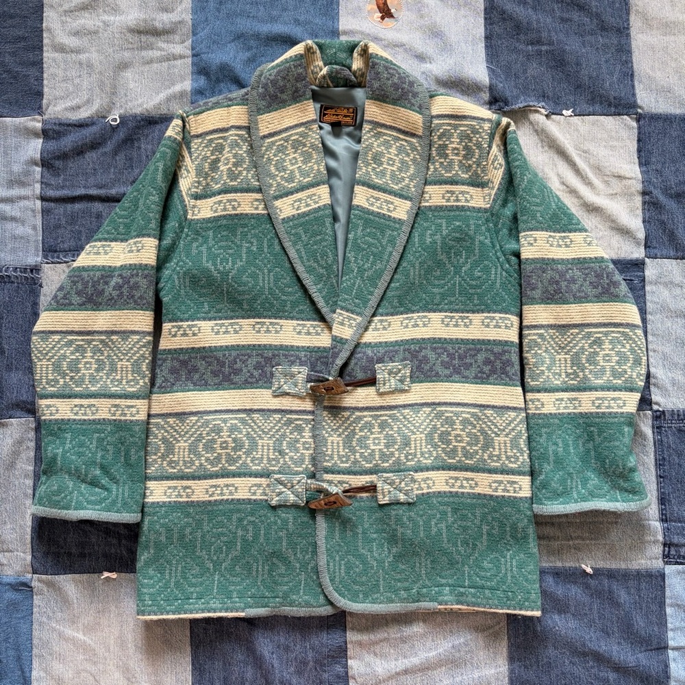 Vtg Eddie Bauer Coat M Petite Wool Blanket Toggle Aztec Southwest Made In USA